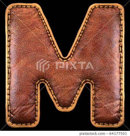 Leather letter M uppercase. 3D render font with skin texture on black background. 64177501