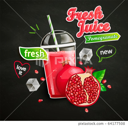 Fresh pomegranate juice with ice and fruit. Fresh pomegranate juice with ice and fruit. 64177508