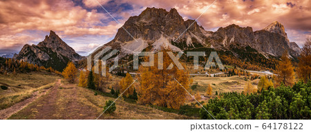 Colorful autumn alpine Dolomites mountain scene, Colorful autumn alpine Dolomites mountain scene, 64178122