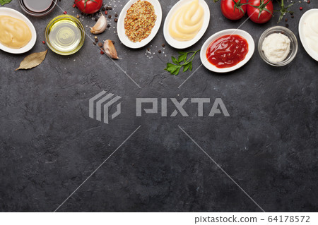 Set of various sauces. Popular sauces in bowls 64178572