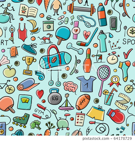 Healthy Lifestyle Background. Sport and activity. Fintess design elements. Seamless Pattern 64178729