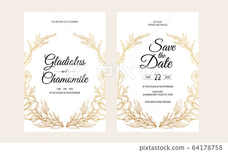 Minimalist wedding invitation card template design. Template, Frame with Delicate Flowers, Branches, Plants. 64178758