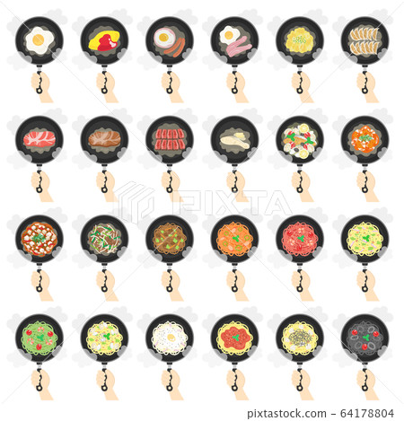 Illustration set of dishes cooked in a frying pan 64178804