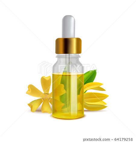 Ylang Ylang Oil Bottle with Leaves in Realistic Style Ylang Ylang Oil Bottle with Leaves in Realistic Style 64179258