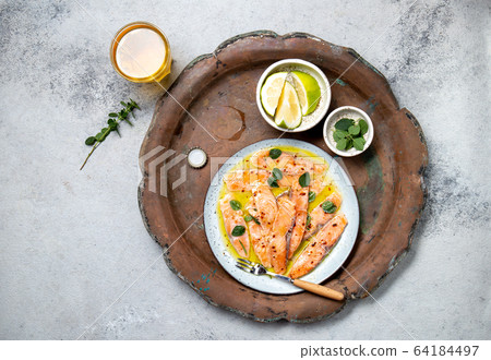 Latin American Italian dish Crudo de Salmon Raw 64184497