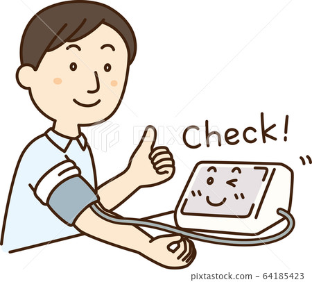 Blood Pressure Measurement-A man doing a goo sign towards a sphygmomanometer 64185423