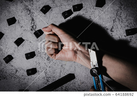 Cyber protection and security concept. Internet hacked computer server, database, network storage, firewall, social network account. 109 64188692