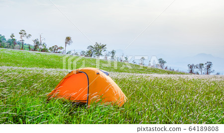Camping tent tourist on hill mountain landscape Camping tent tourist on hill mountain landscape 64189808