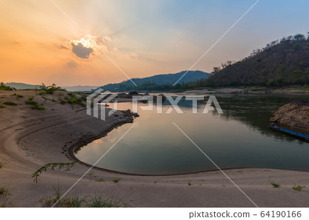 Sand beach and sunset on mekong river asian Sand beach and sunset on mekong river asian 64190166