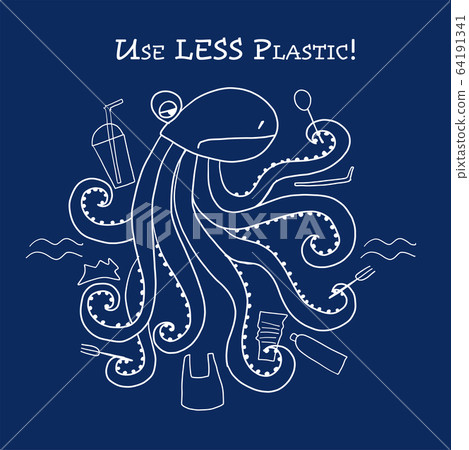 Use less plastic concept illustration. Octopus with plastic trash Use less plastic concept illustration. Octopus with plastic trash 64191341