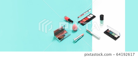 Beauty makeup tools and brushes on white flat lay Beauty makeup tools and brushes on white flat lay 64192617
