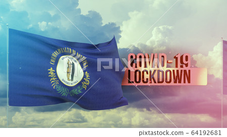 Coronavirus outbreak and coronaviruses influenza lockdown concept with flag of the states of USA. State of Kentucky flag Pandemic 3D illustration. Coronavirus outbreak and coronaviruses influenza lockdown concept with flag of the states of USA. State of Kentucky flag Pandemic 3D illustration. 64192681