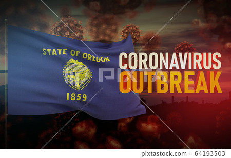 Coronavirus COVID-19 outbreak concept with flag of the states of USA. State of Oregon flag Pandemic 3D illustration. Coronavirus COVID-19 outbreak concept with flag of the states of USA. State of Oregon flag Pandemic 3D illustration. 64193503