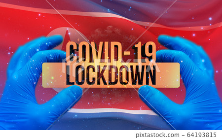 COVID-19 lockdown concept with backgroung of waving national flag of North Korea. Pandemic 3D illustration. COVID-19 lockdown concept with backgroung of waving national flag of North Korea. Pandemic 3D illustration. 64193815