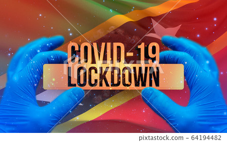 COVID-19 lockdown concept with backgroung of waving national flag of Saint Kitts and Nevis. Pandemic 3D illustration. COVID-19 lockdown concept with backgroung of waving national flag of Saint Kitts and Nevis. Pandemic 3D illustration. 64194482