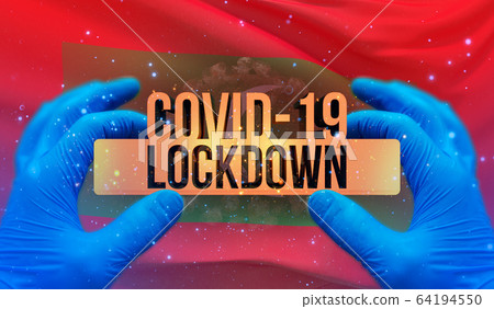 COVID-19 lockdown concept with backgroung of waving national flag of Maldives. Pandemic 3D illustration. COVID-19 lockdown concept with backgroung of waving national flag of Maldives. Pandemic 3D illustration. 64194550