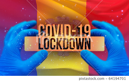 COVID-19 lockdown concept with backgroung of waving national flag of Andorra. Waved highly detailed close-up 3D render. 64194701