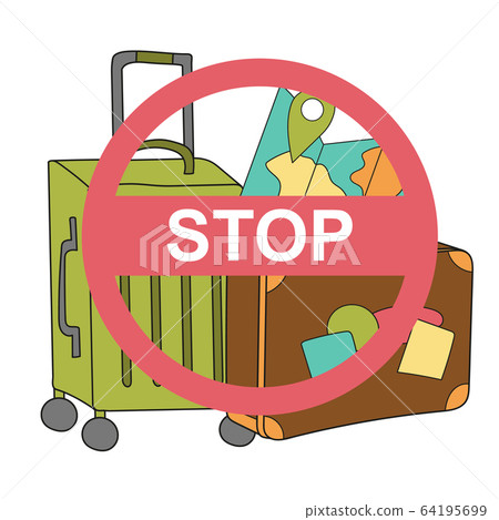 Red stop sign on a suitcase. Coronavirus pandemic. Design on white background Red stop sign on a suitcase. Coronavirus pandemic. Design on white background 64195699