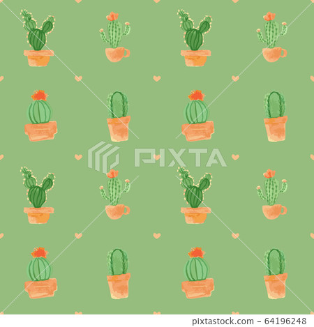 cute seamless pattern with succulent plant. watercolour textured effect drawing design elements. springtime, summer cactus wallpaper, background, backdrop illustration.botany, natural seamless pattern 64196248