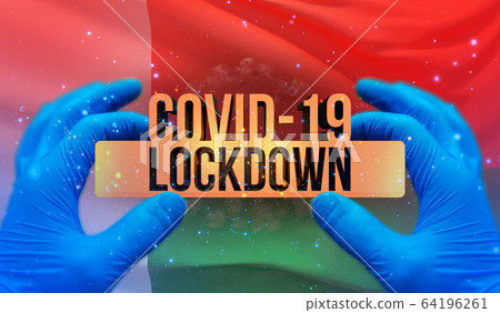 COVID-19 lockdown concept with backgroung of waving national flag of Madagascar. Pandemic 3D illustration. COVID-19 lockdown concept with backgroung of waving national flag of Madagascar. Pandemic 3D illustration. 64196261