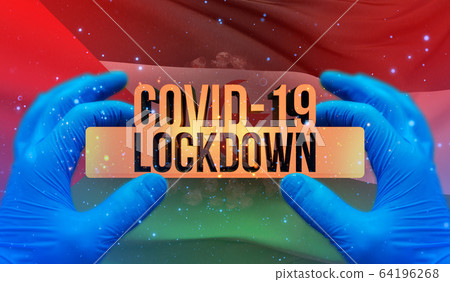 COVID-19 lockdown concept with backgroung of waving national flag of Sahrawi Arab Democratic Republic. Pandemic 3D illustration. COVID-19 lockdown concept with backgroung of waving national flag of Sahrawi Arab Democratic Republic. Pandemic 3D illustration. 64196268