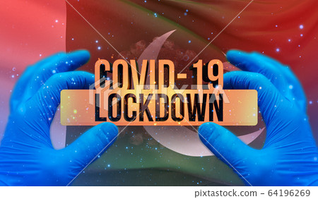 COVID-19 lockdown concept with backgroung of waving national flag of Pakistan. Pandemic 3D illustration. COVID-19 lockdown concept with backgroung of waving national flag of Pakistan. Pandemic 3D illustration. 64196269