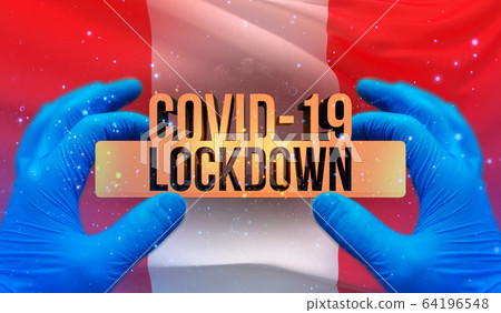 COVID-19 lockdown concept with backgroung of waving national flag of Peru. Pandemic 3D illustration. COVID-19 lockdown concept with backgroung of waving national flag of Peru. Pandemic 3D illustration. 64196548