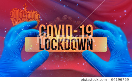 COVID-19 lockdown concept with backgroung of waving national flag of Liechtenstein. Pandemic 3D illustration. 64196769