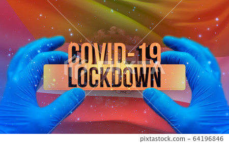COVID-19 lockdown concept with backgroung of waving national flag of Equatorial Guinea. Pandemic 3D illustration. COVID-19 lockdown concept with backgroung of waving national flag of Equatorial Guinea. Pandemic 3D illustration. 64196846