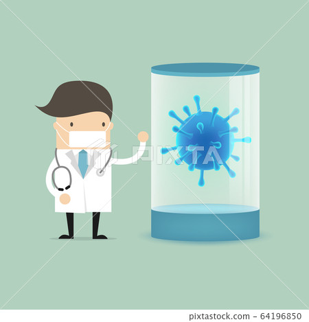 Doctor with corona virus bacteria in quarantine & test tube. Doctor with corona virus bacteria in quarantine & test tube. 64196850