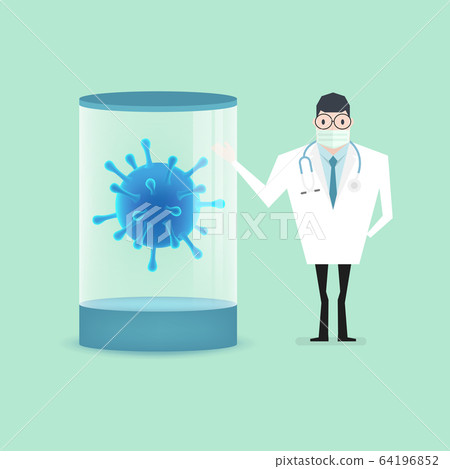 Doctor with corona virus bacteria in quarantine & test tube. Doctor with corona virus bacteria in quarantine & test tube. 64196852