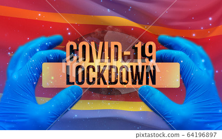 COVID-19 lockdown concept with backgroung of waving national flag of Eswatini. Pandemic 3D illustration. COVID-19 lockdown concept with backgroung of waving national flag of Eswatini. Pandemic 3D illustration. 64196897