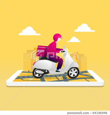 Food delivery service by scooter with courier. Man courier riding scooter with parcel box. 64196946