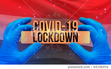COVID-19 lockdown concept with backgroung of waving national flag of Iraq. Pandemic 3D illustration. COVID-19 lockdown concept with backgroung of waving national flag of Iraq. Pandemic 3D illustration. 64196950