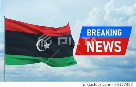 Breaking news. World news with backgorund waving national flag of Libya. 3D illustration. Breaking news. World news with backgorund waving national flag of Libya. 3D illustration. 64197497