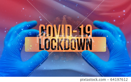 COVID-19 lockdown concept with backgroung of waving national flag of Somalia. Pandemic 3D illustration. 64197612