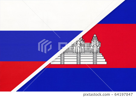 Russia vs Cambodia national flag from textile. 64197847