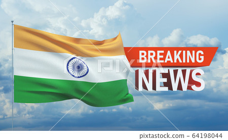 Breaking news. World news with backgorund waving national flag of India. 3D illustration. Breaking news. World news with backgorund waving national flag of India. 3D illustration. 64198044