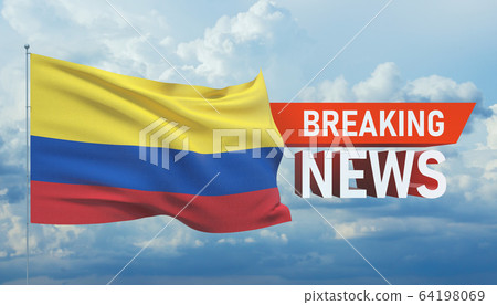 Breaking news. World news with backgorund waving national flag of Colombia. 3D illustration. Breaking news. World news with backgorund waving national flag of Colombia. 3D illustration. 64198069