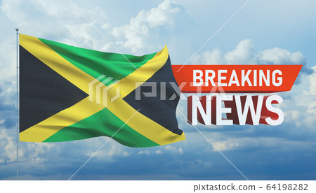 Breaking news. World news with backgorund waving national flag of Jamaica. 3D illustration. 64198282