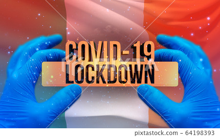 COVID-19 lockdown concept with backgroung of waving national flag of Ireland. Pandemic 3D illustration. 64198393