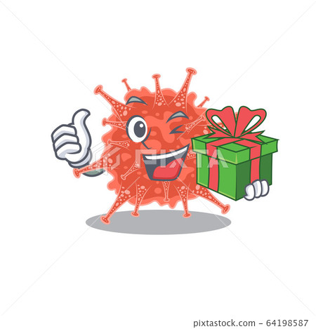Smiley orthocoronavirinae cartoon character having a gift box 64198587