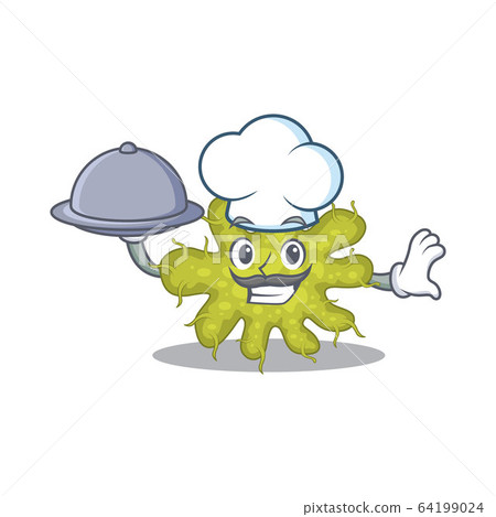 Bacterium chef cartoon character serving food on tray Bacterium chef cartoon character serving food on tray 64199024