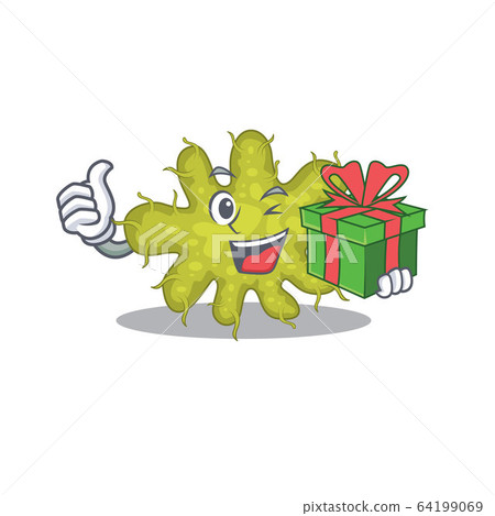 Smiling bacterium cartoon character having a green gift box Smiling bacterium cartoon character having a green gift box 64199069