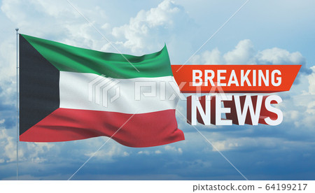 Breaking news. World news with backgorund waving national flag of Kuwait. 3D illustration. 64199217