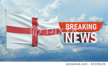 Breaking news. World news with backgorund waving national flag of England. 3D illustration. Breaking news. World news with backgorund waving national flag of England. 3D illustration. 64199226