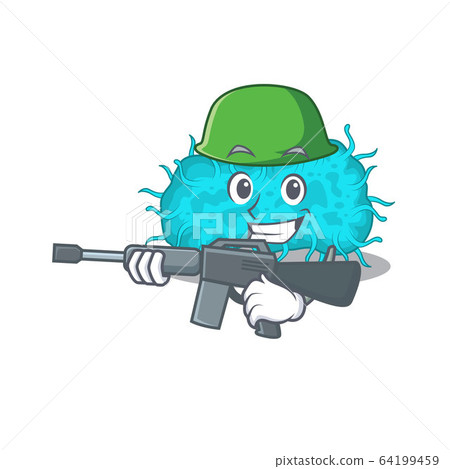 A cartoon picture of bacteria prokaryote in Army style with machine gun 64199459