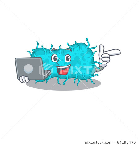 Cartoon character of bacteria prokaryote clever student studying with a laptop 64199479