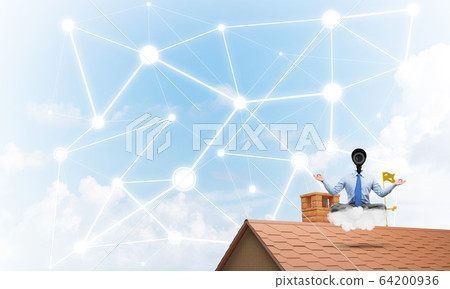 Concept of security and privacy protection with camera headed man meditating Concept of security and privacy protection with camera headed man meditating 64200936