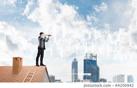 Engineer man standing on roof and looking in spyglass. Mixed media 64200942